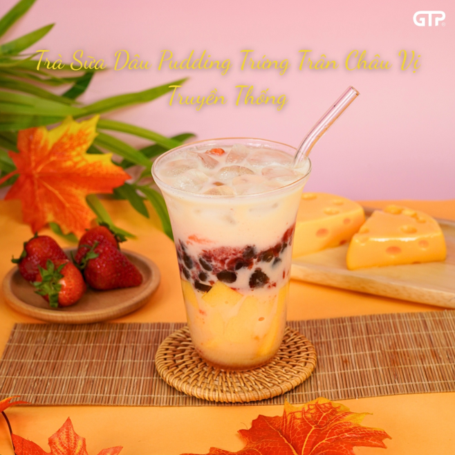 Trà sữa dâu pudding trứng trân châu vị truyền thống